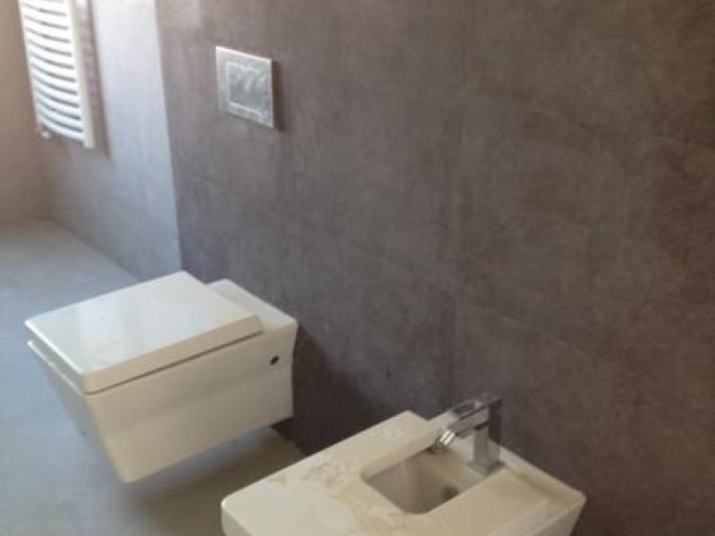 Sanitaris blancs sobre paret en color gris